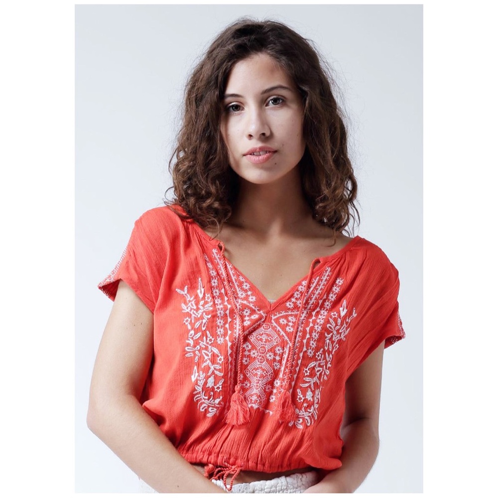 Forever 21 : size : L : orange embroidered short sleeve crop top tassel blouse